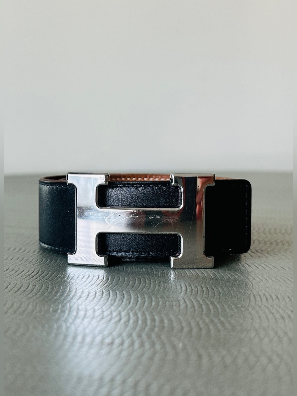 Hermes SILVER Buckle H Belt Black Black Tan Leather Strap 32 mm Width Size 95 Cm - Picture 5 of 16